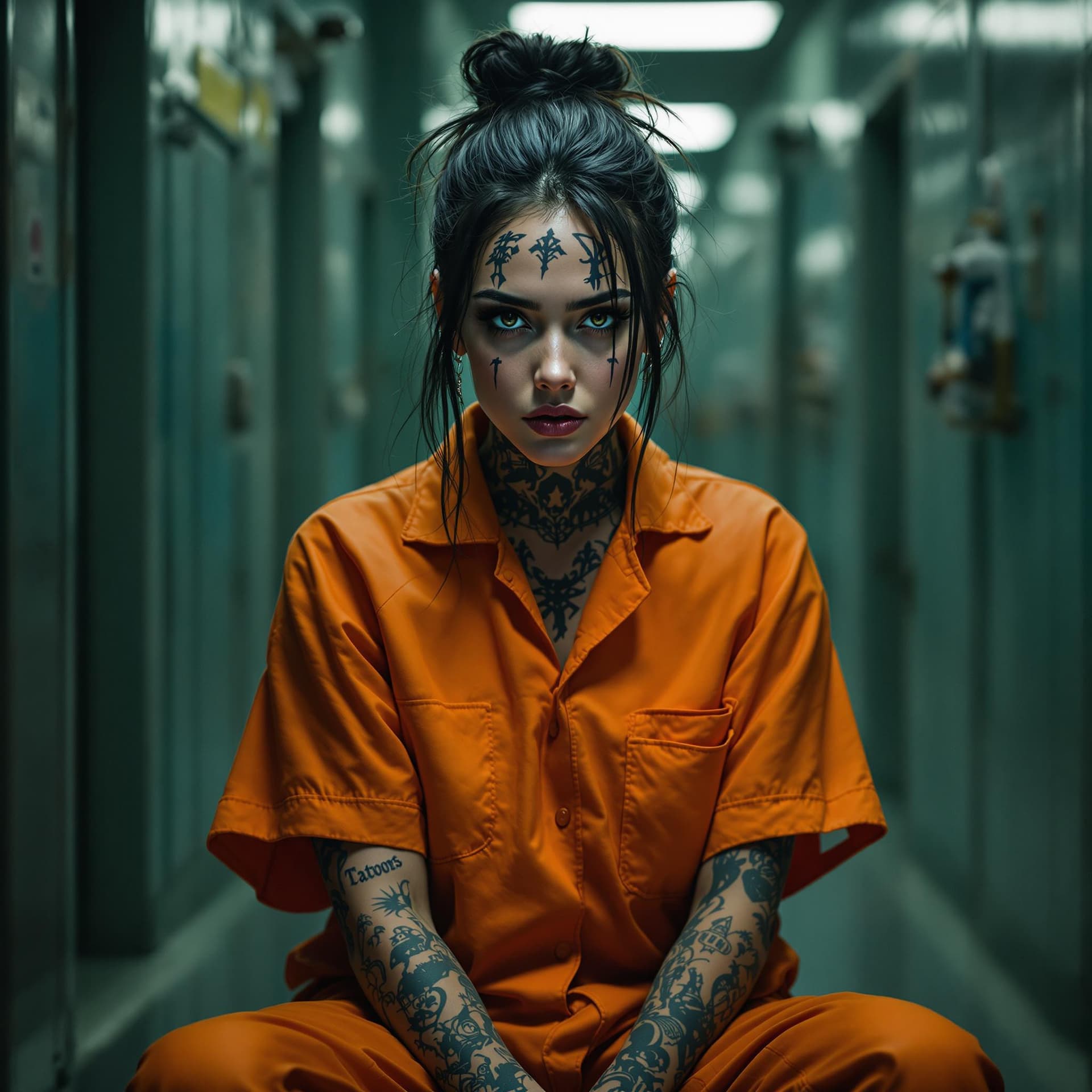 AI generated: female prisoner, prison, orange suit, cell, tattoo, (tattoos), (full body visible), looking at viewe...