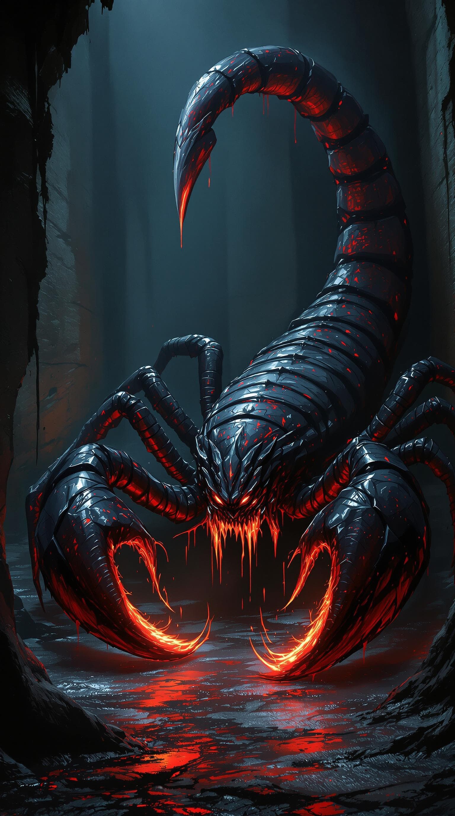 AI generated: A giant, armored scorpion with glowing venom dripping from its fangs, crawling through the dark, wet...