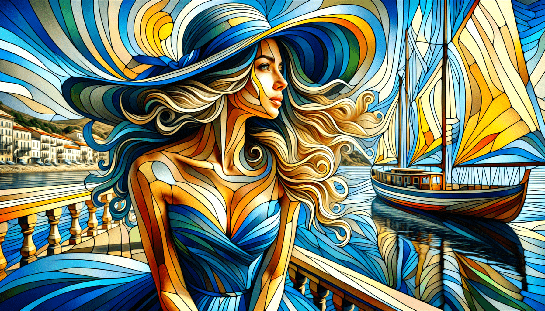 AI generated: attractive woman in a blue dress and straw hat, windblown long blonde hair and flowing curly bangs, ...