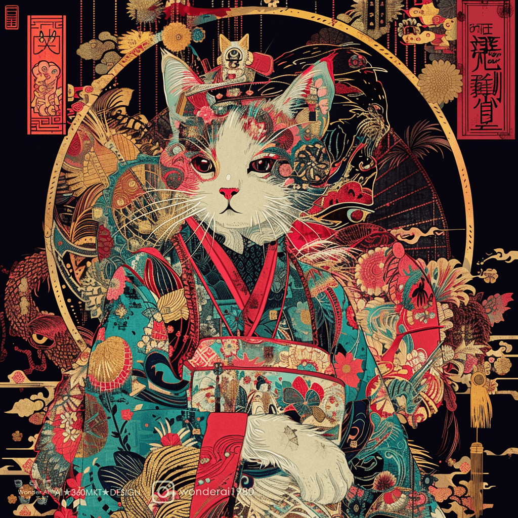 AI generated: in the style of ((glitch art)), a beautiful illustration of a cat dressed as anime geisha, with bold...