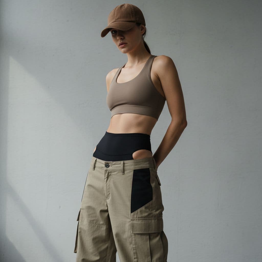 AI generated: A stylish athletic fashion photograph: A person photographed from mid-thigh up, wearing a brown base...