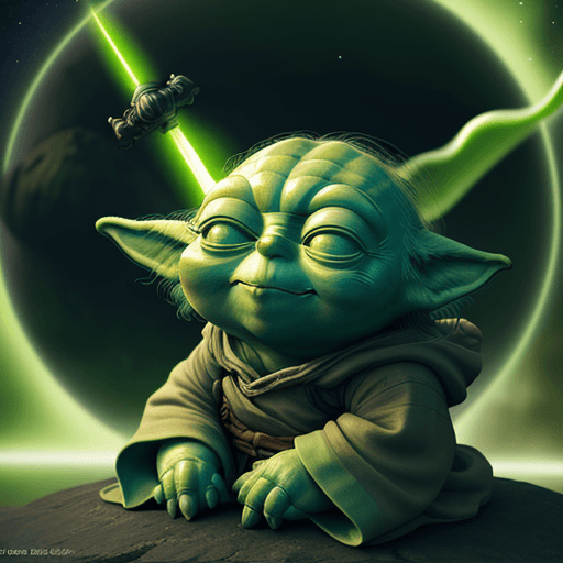 AI generated:  YODA in cosmos, 8k, light sword, happy YODA, friends YODA, anime