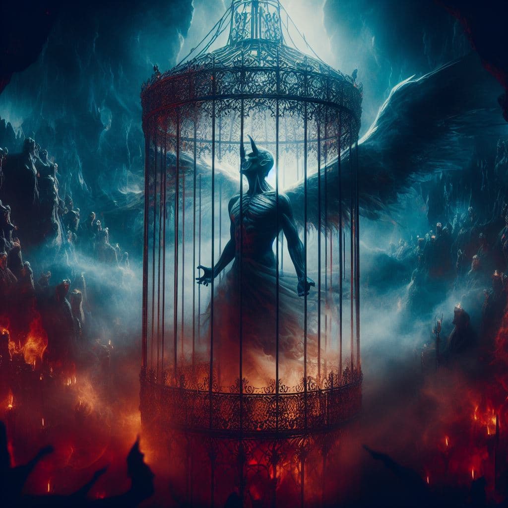 AI generated: Lucifer in a mystical cage in hell, scary, epic, apocalypse, very detailed, Greg Rutkowski, Jesper E...