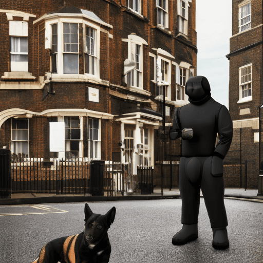 AI generated: Dogs humanoids cyberpunck with background London pub
