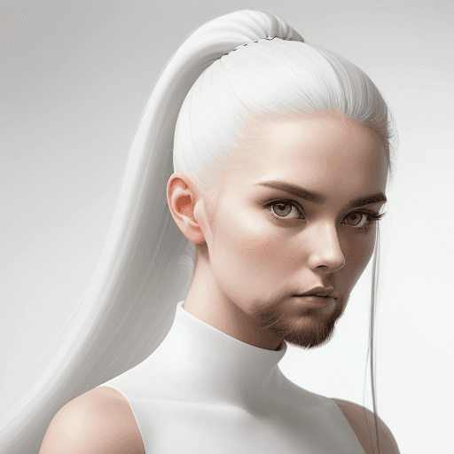 AI generated: Photograph, woman, model pose, minimalist, stylish nessy long hairstyle, beard, profound gaze, solid...