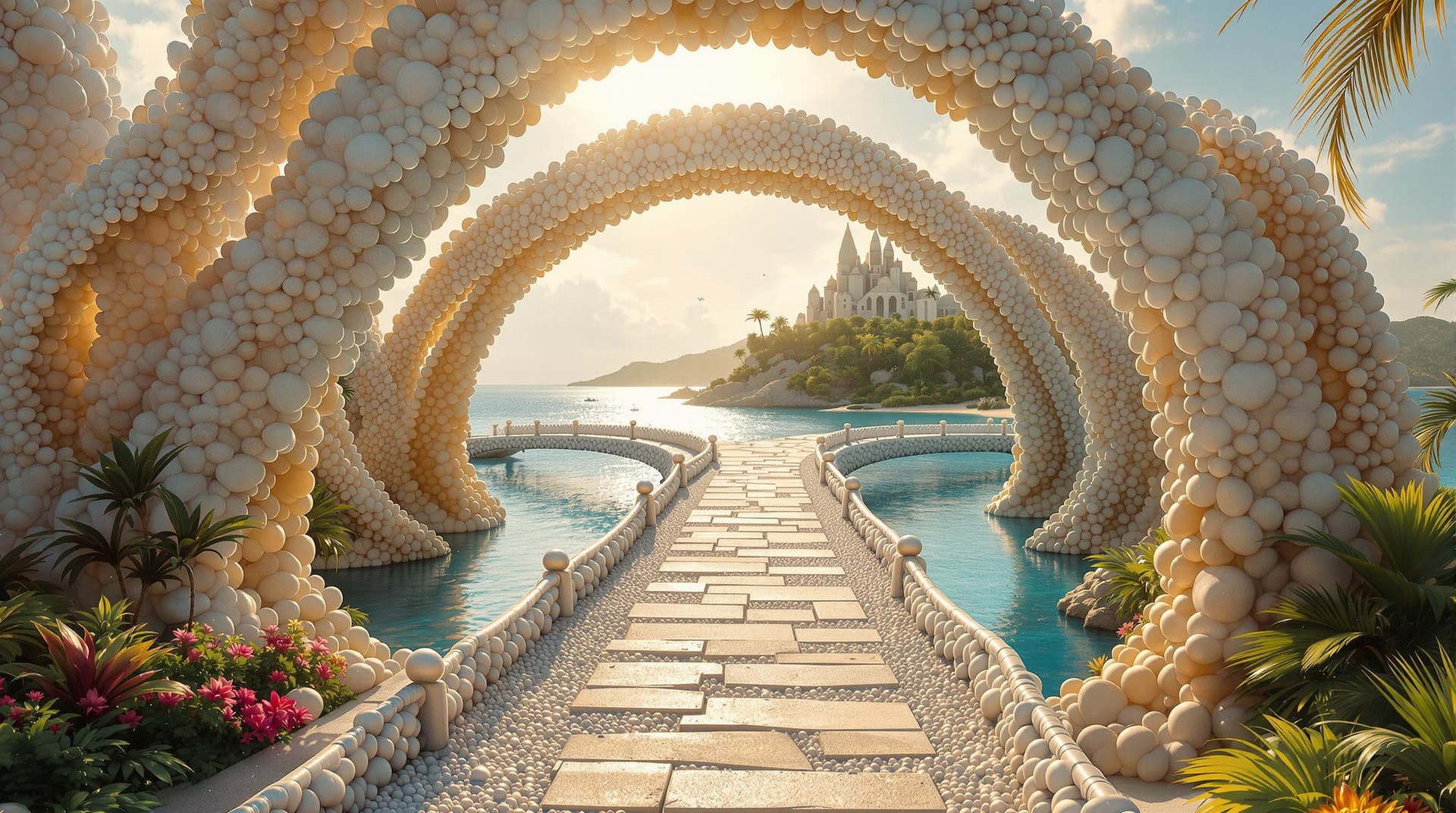 AI generated:  A majestic bridge crafted from colossal seashells and shimmering pearls arches gracefully towards a...