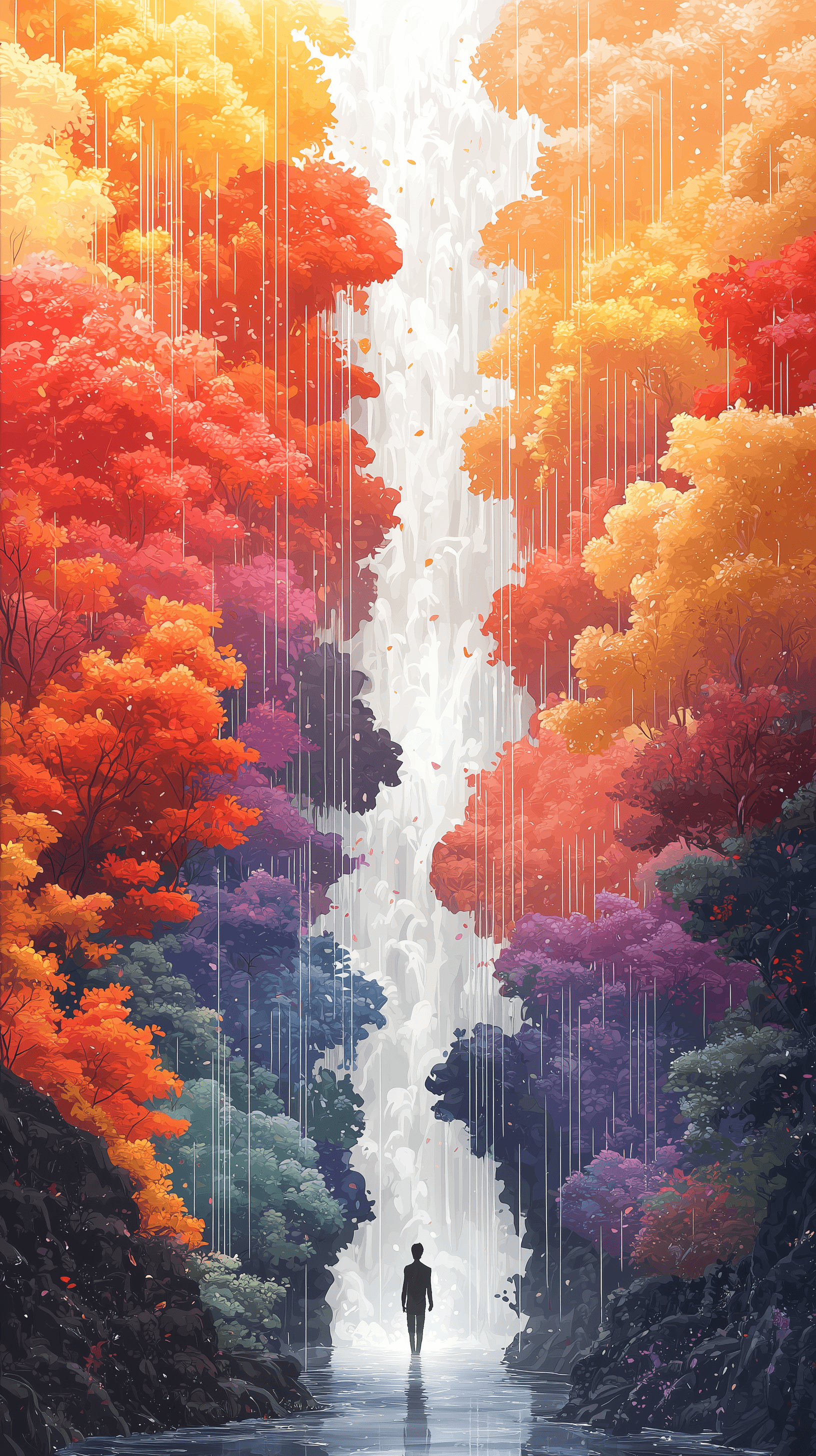 AI generated: A minimalist, watercolor-style painting of a lone male figure exploring a surreal, vibrant natural l...