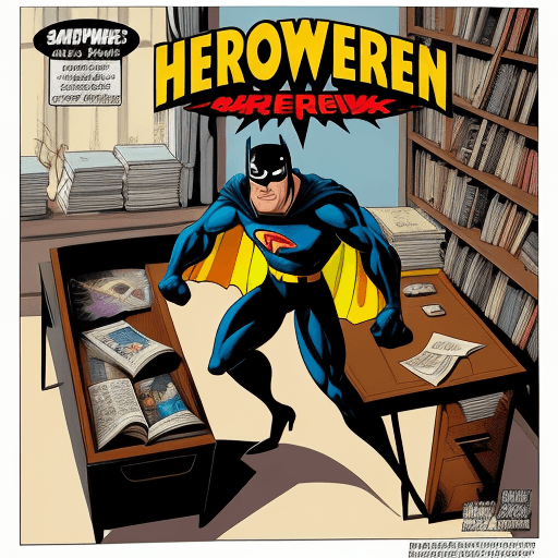 AI generated: a comic book superhero by Hergé of an evil book on a desk (2:3/3:2 