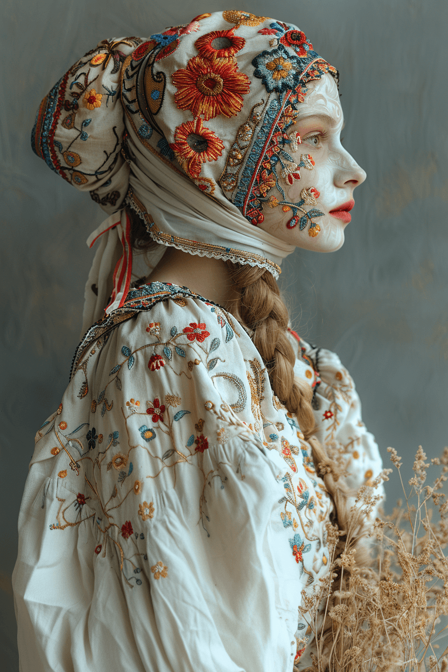 AI generated: the whole face, shoulders and chest are pierced with openwork threads in the style of Ukrainian nati...