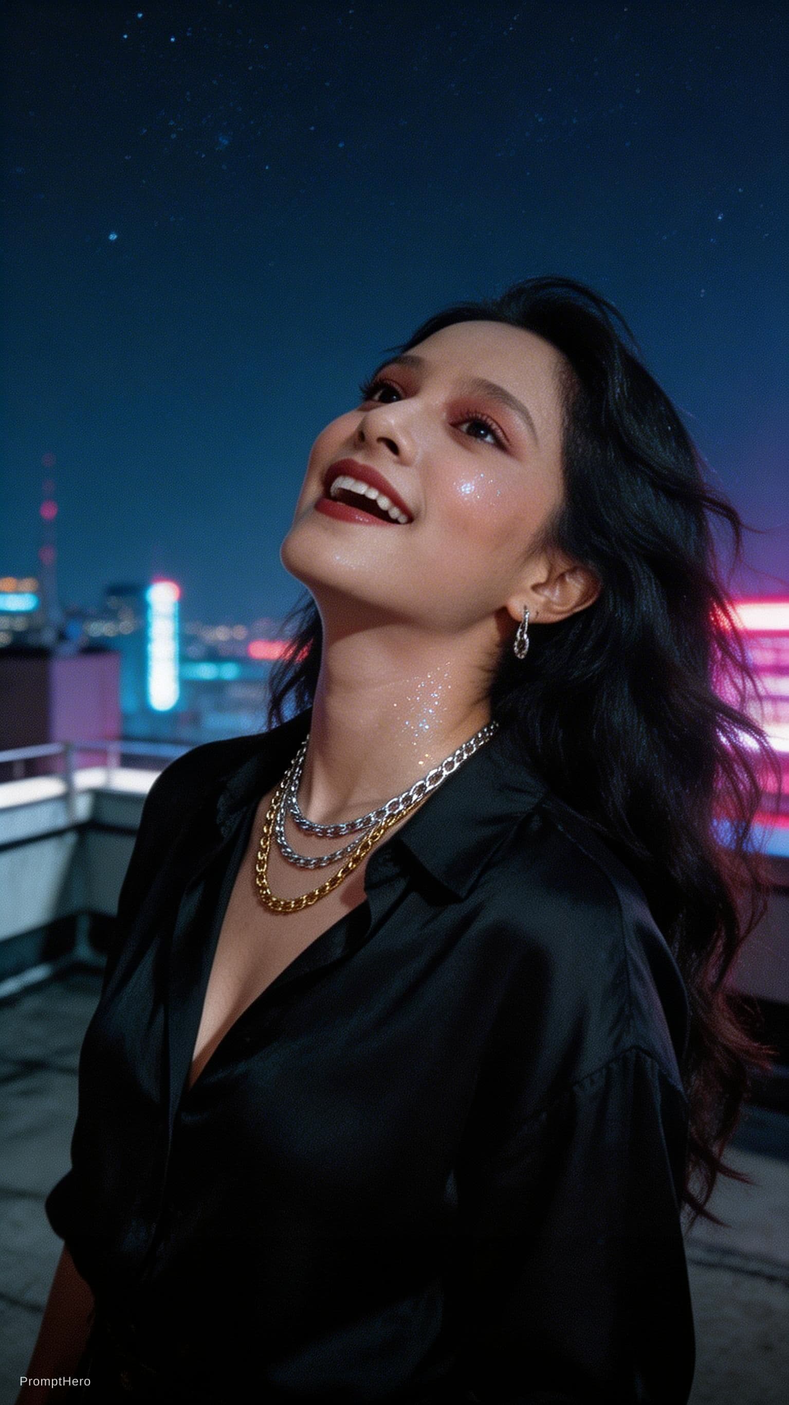 AI generated: A grainy, high-ISO rooftop documentary scene captures a tall, statuesque woman with long, dark, wind...