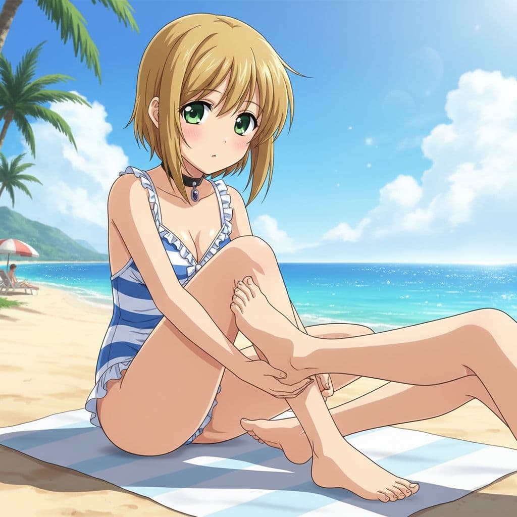 AI generated: He on swimsuit and he is femboy, he gives foot job on beach
