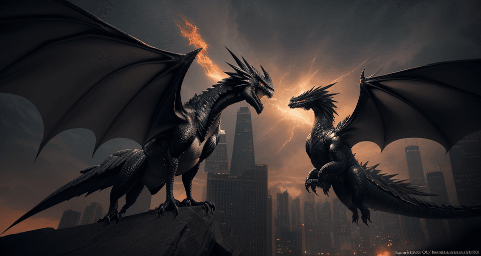 AI generated: Photo of a ultra realistic black winged dragon, breathing fire, dramatic light, at dusk, in the city...