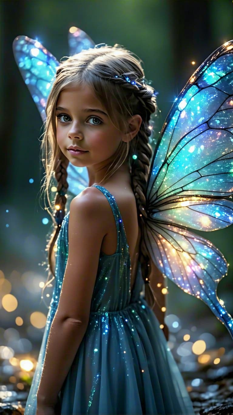 AI generated: A professional photo of a realistic of a Fairy tween with shimmering dragonfly wings, colorful littl...