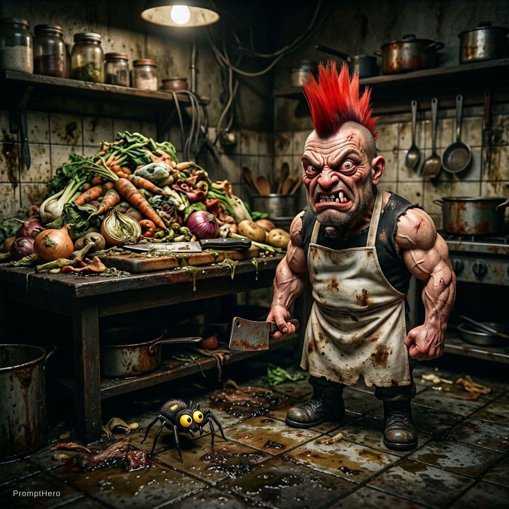 AI generated: A miniature, overly muscular cook with a blazing red mohawk grimaces angrily in a grimy kitchen corn...