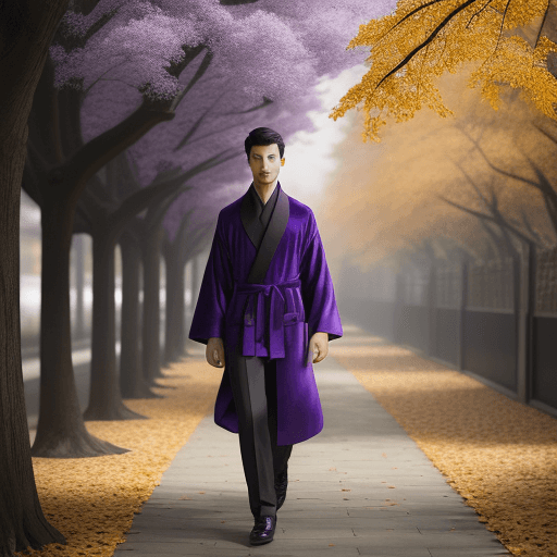 AI generated: A handsome young man was walking under the ginkgo tree in the bleak autumn wind, wearing a purple ro...