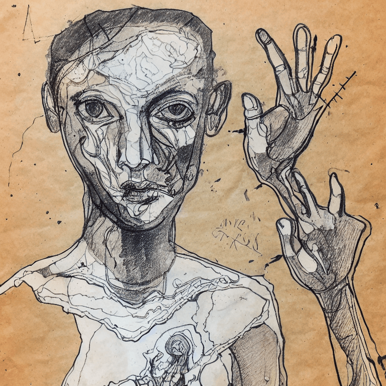 AI generated: Ink illustration,  paranoid, annotated, messy, disorganized, humane figure with Anatomical incomplet...