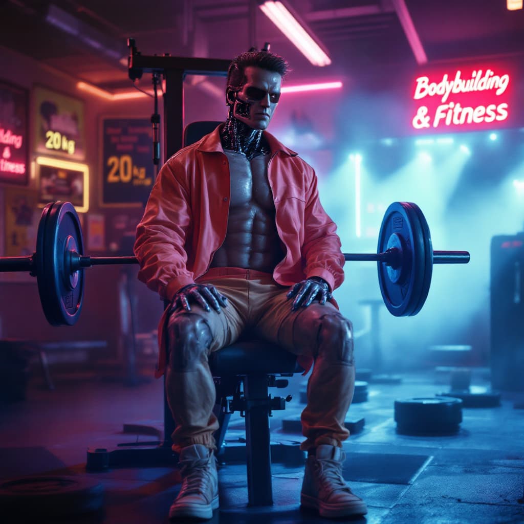 AI generated: A hyperrealistic 1980s-style cinematic scene showing the Terminator from The Terminator movie seated...