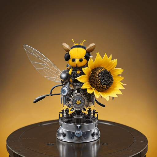 AI generated: An intricately detailed plush bumble bee with blue and yellow fur sits on the edge of a massive sunf...