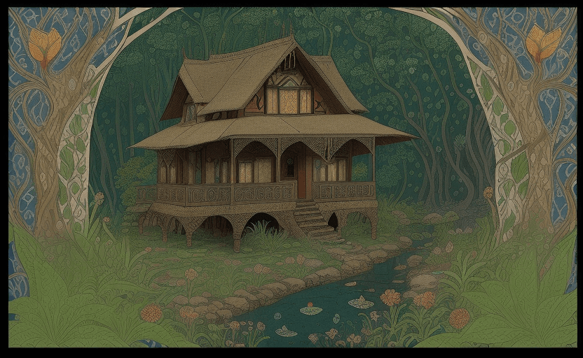 AI generated: in the style of Madhubani painting, fairy tale, (magnificent cottage next to a little creek:1.3) , w...
