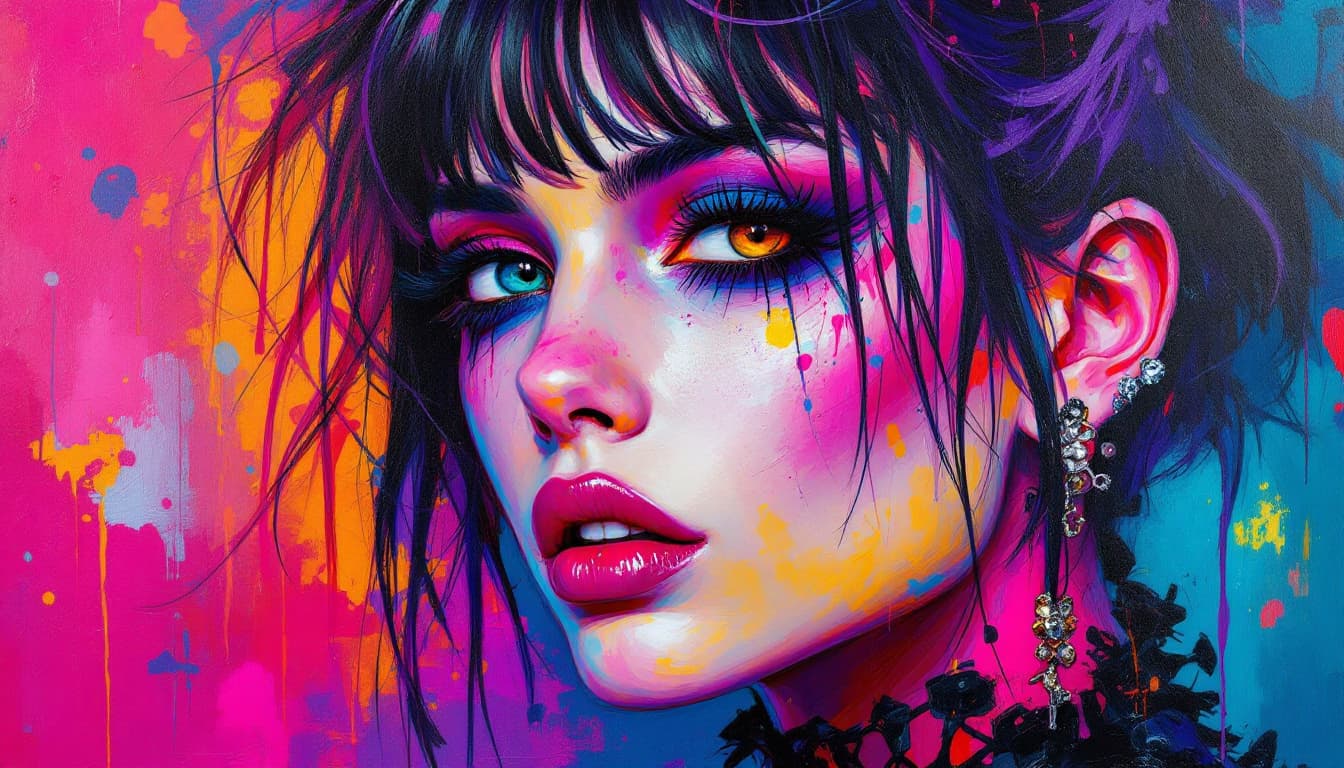 AI generated:  A lively and energetic oil painting in bright, vibrant colors depicting a punk gothic woman with pi...