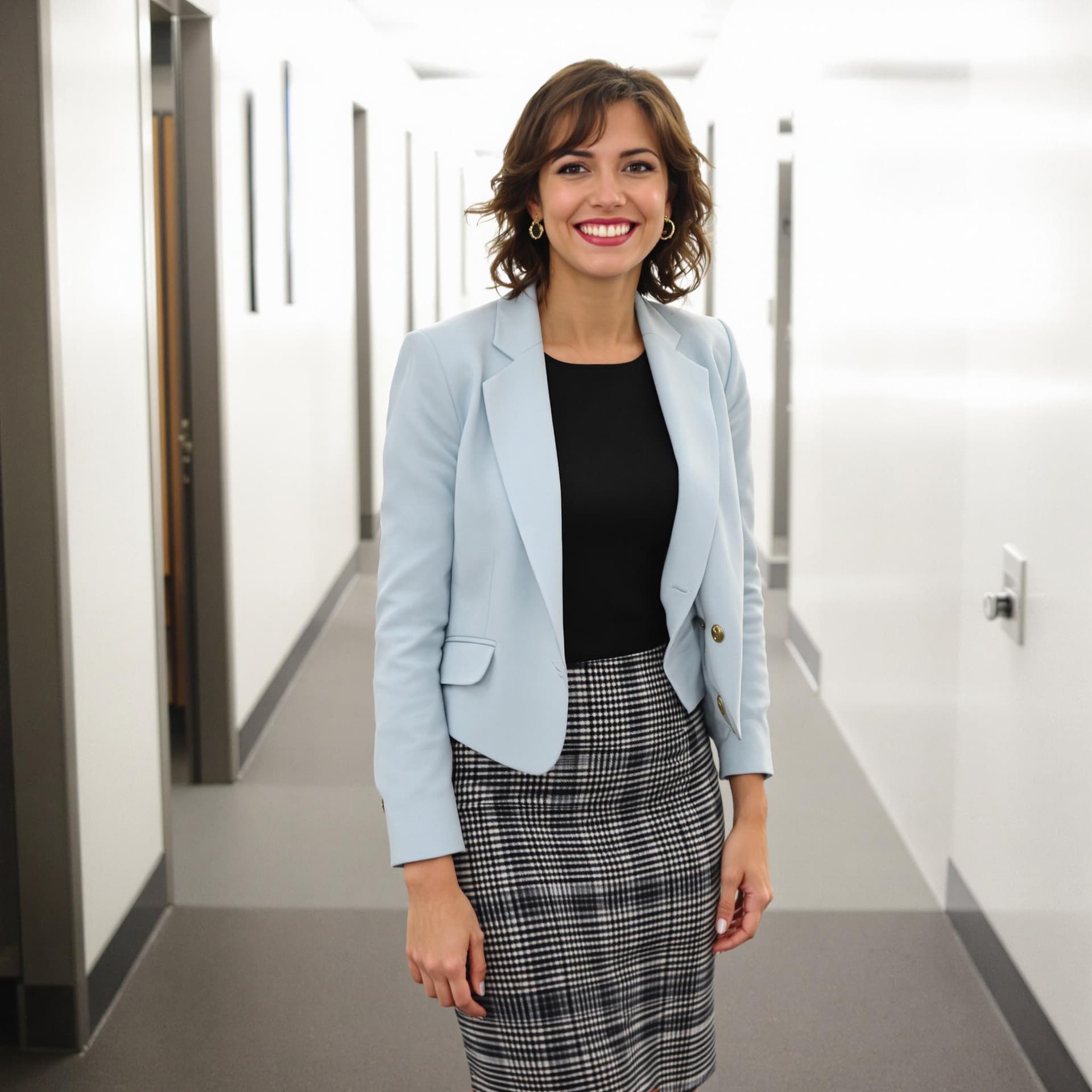 AI generated: woman stands in a hallway. She is dressed in a black top, a light blue blazer, and a skirt.  The bac...