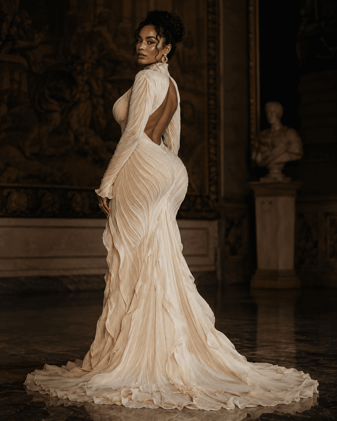 AI generated: The image is a full-length portrait of a woman in a flowing cream dress. The dress features a high n...