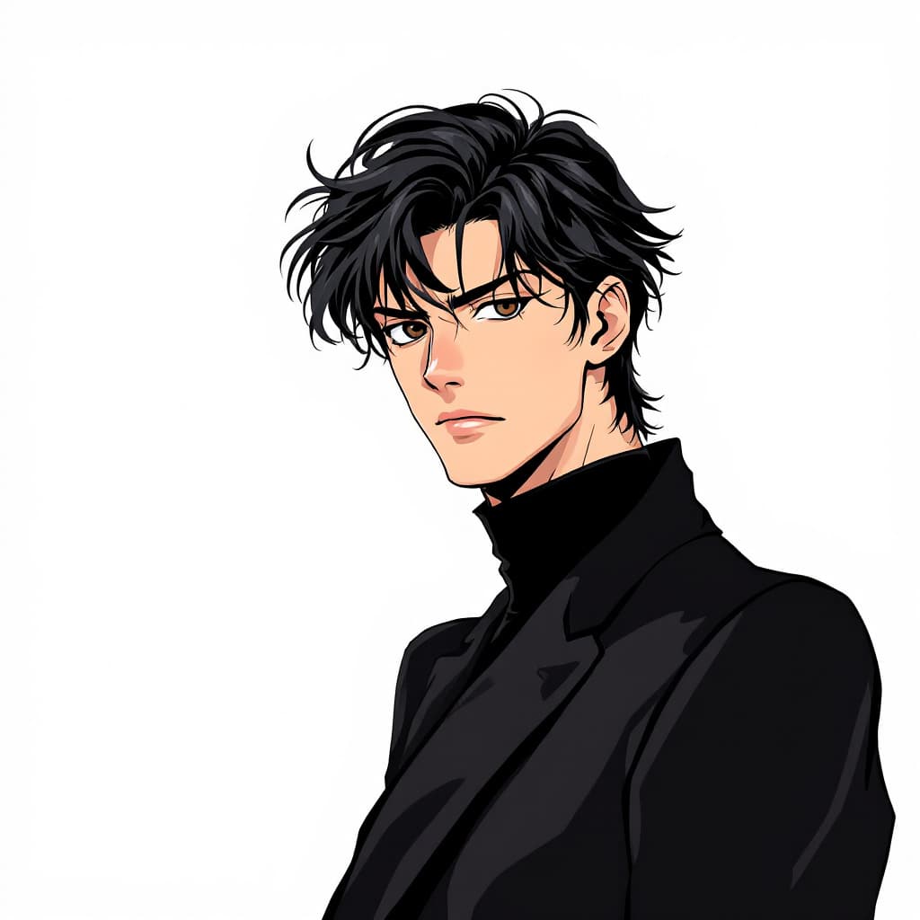 AI generated: переведи 1990s, anime boy, dark hair, serious face, Japanese pop culture, Japanese characters, in th...