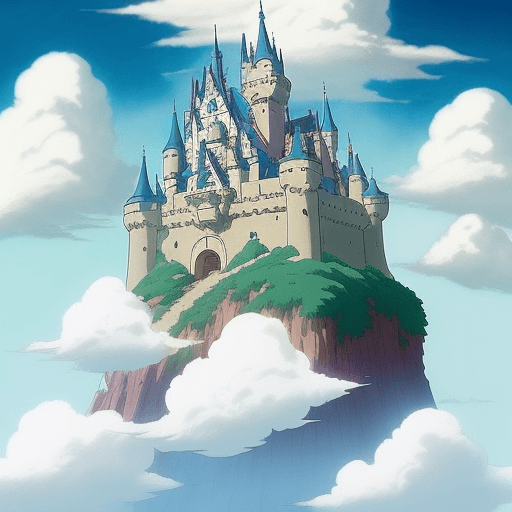 AI generated: close up of a castle in the clouds, cool tones, colorful, howl’s moving castle, anime, simplified, c...