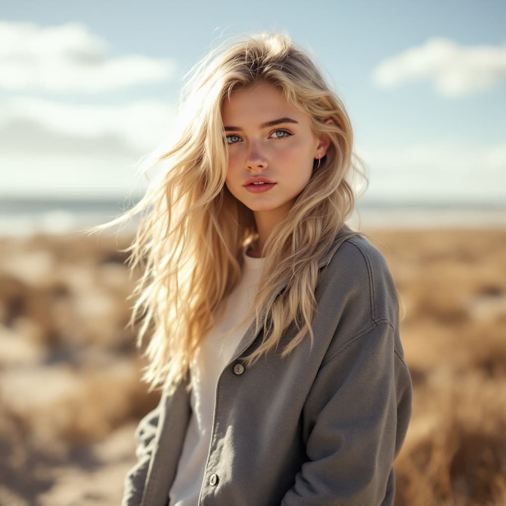 AI generated: Cute Teenager, scandinvian looking, blonde hair, looking shy, standing up