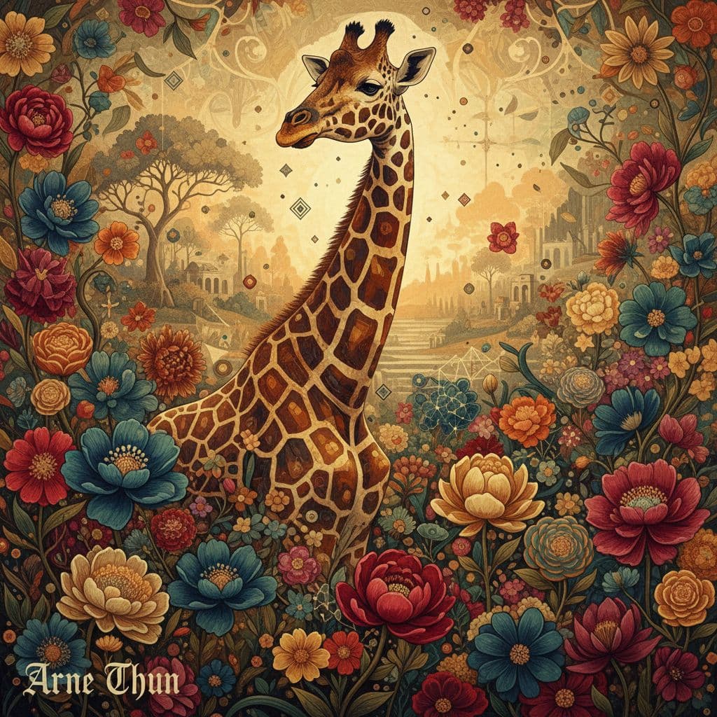 AI generated: giraffe in flowers by artist arne thun, in the style of natalia rak, 8k resolution, vintage aestheti...