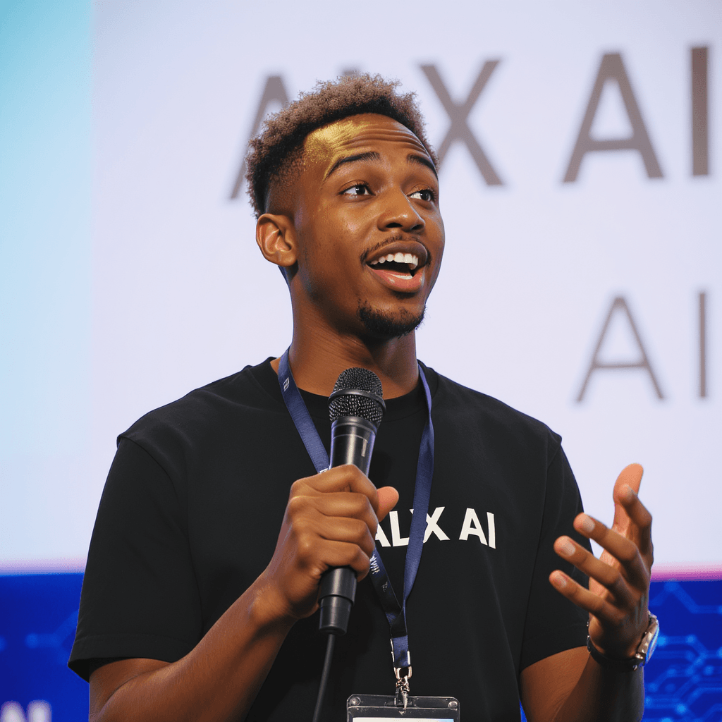 AI generated: An up-close image of a young, fair-skinned African person giving an animated talk about artificial i...
