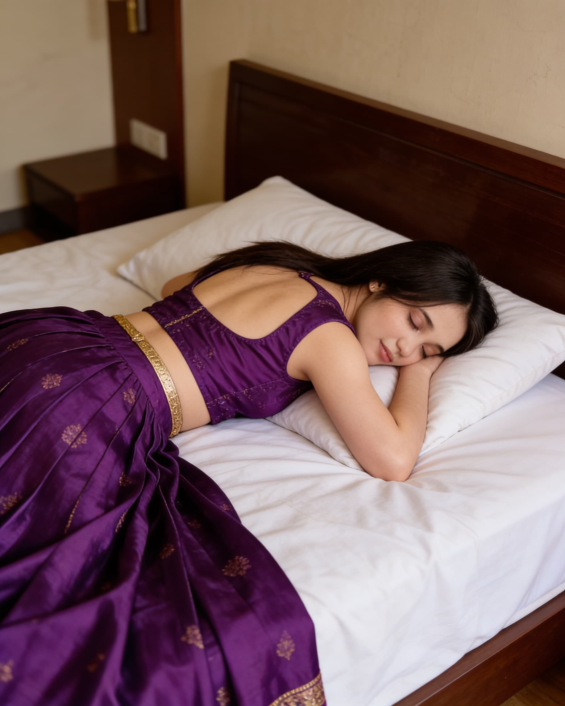 AI generated: Create the ultra high realistic image as this Pakistani women is sleeping lying face down on bedroom...