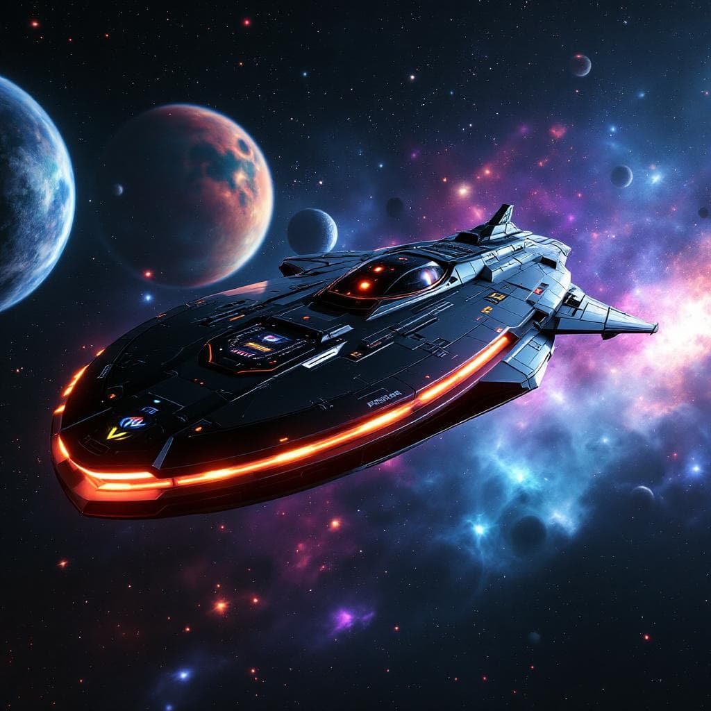 AI generated: Imagine, in detail, an alien spaceship to show a sleek design. Add paint coloring and details. Show ...