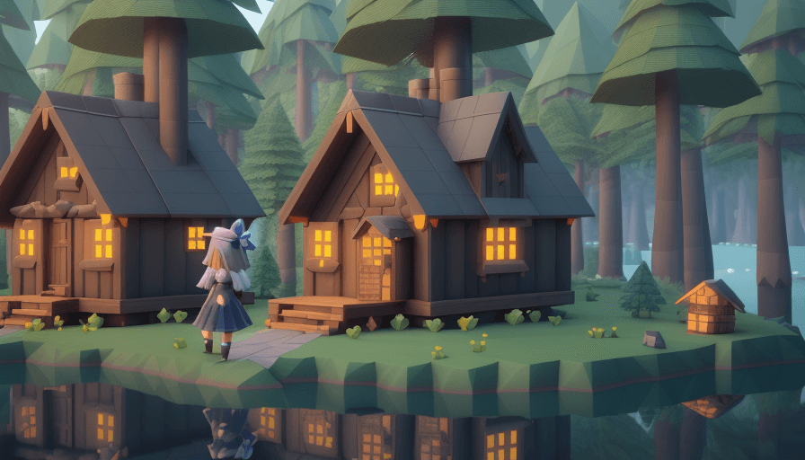 AI generated: Wide camera view of cute little girl walking past a cute cozy interesting majestic low poly wizard's...
