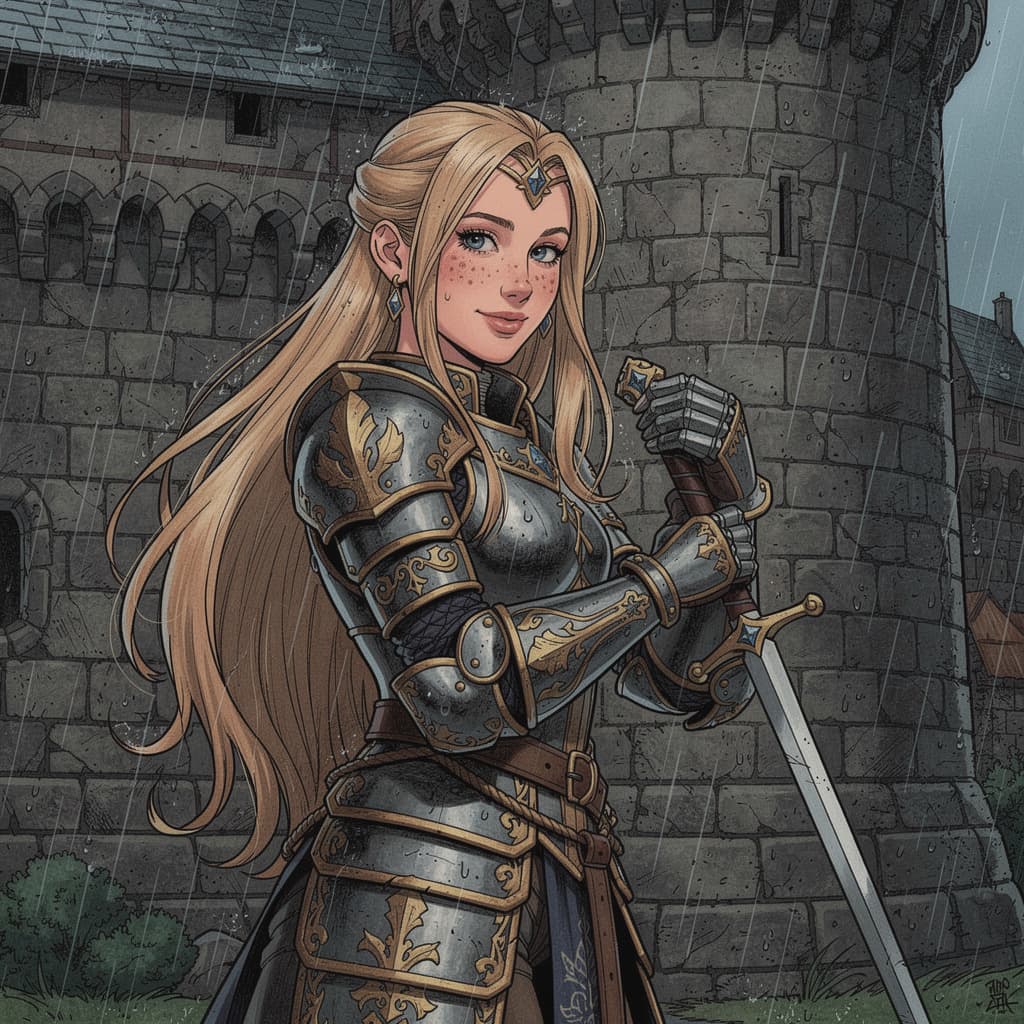 AI generated: Graphic novel, full body shot of side view of young beautiful European woman with long blonde hair, ...