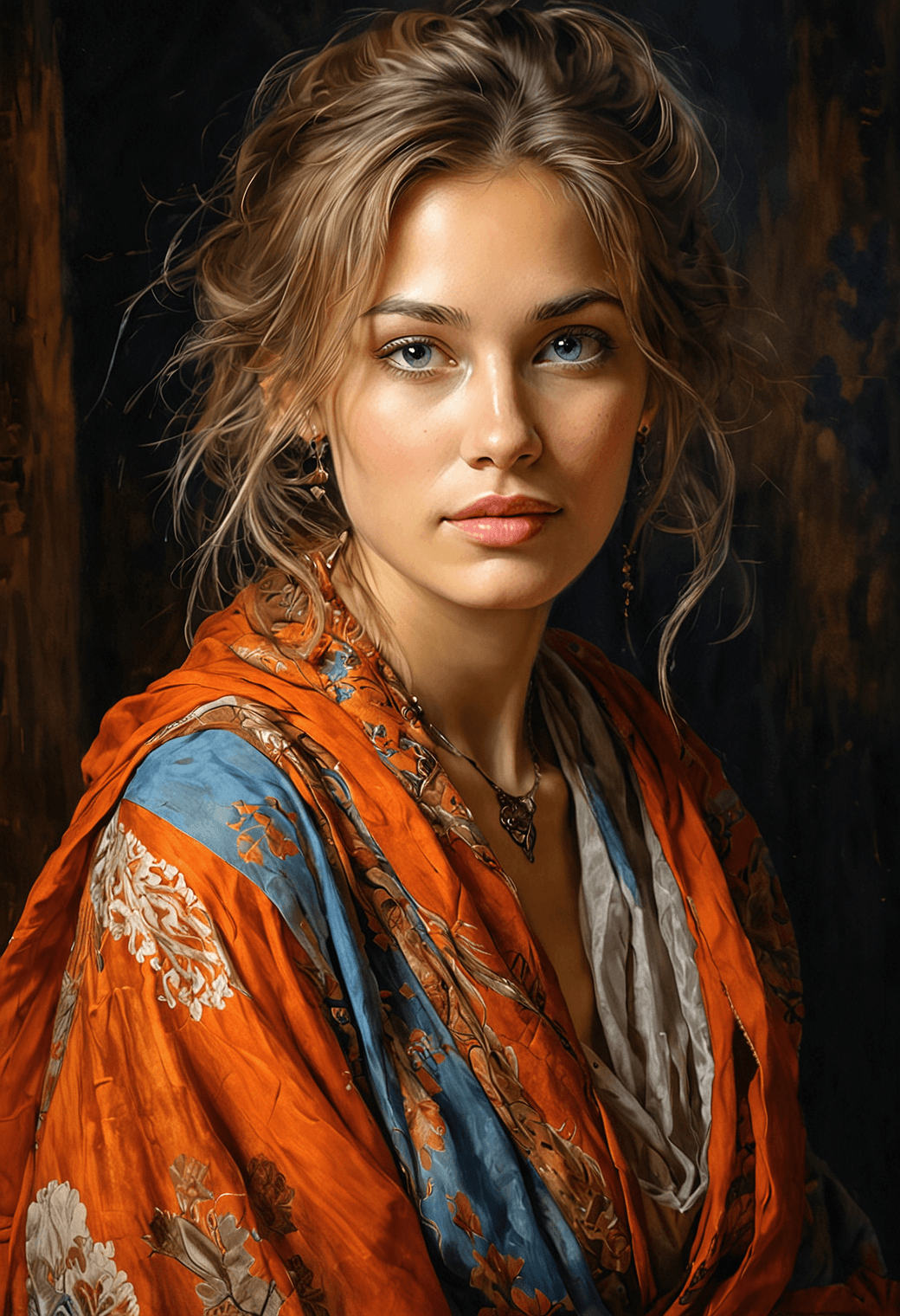 AI generated: A highly detailed portrait of a beautiful Siberian woman with an expression of introspection. She ha...