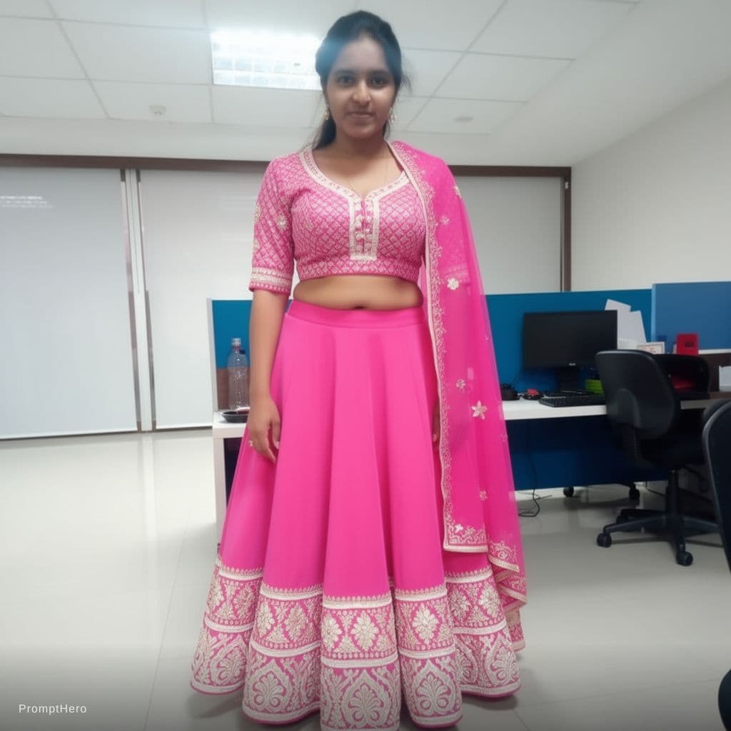 AI generated: show her in smaller tightly fitted cropped pink choli blouse with intricate patterns and low necklin...