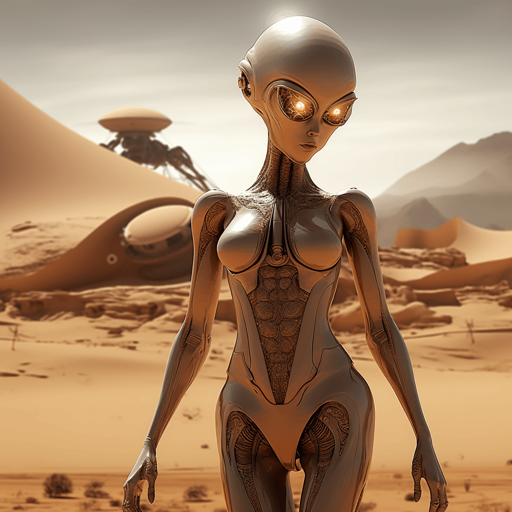 AI generated: full body of alien shaped like woman, big golden eyes, futuristic technology on background, mars pla...