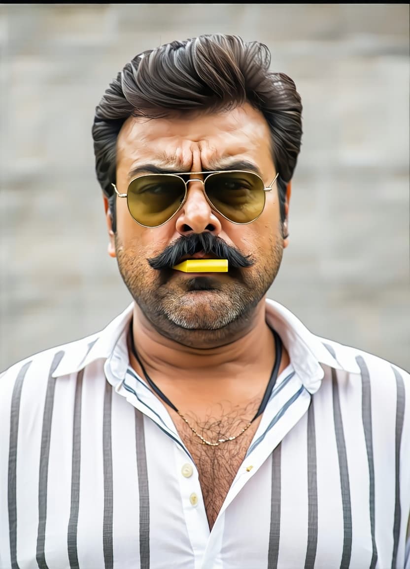 AI generated: Indian actor Mammootty as a gangster portrait, cigerate in mouth , detailed sharpened face , Yellow 