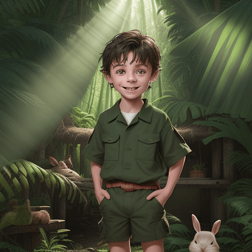 AI generated: Generate an image of a small boy named Ethan standing in front of a rustic house in a jungle setting...