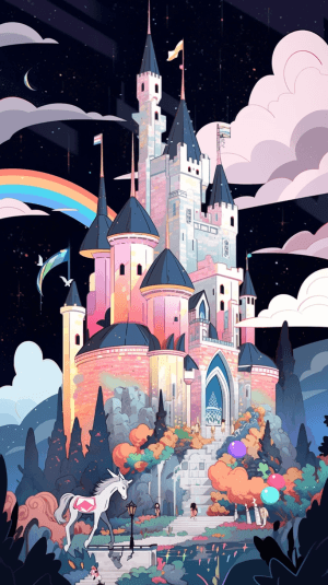AI generated: A whimsical illustration, in a fairytale theme, featuring a magic wand, a castle, unicorns, with clo...