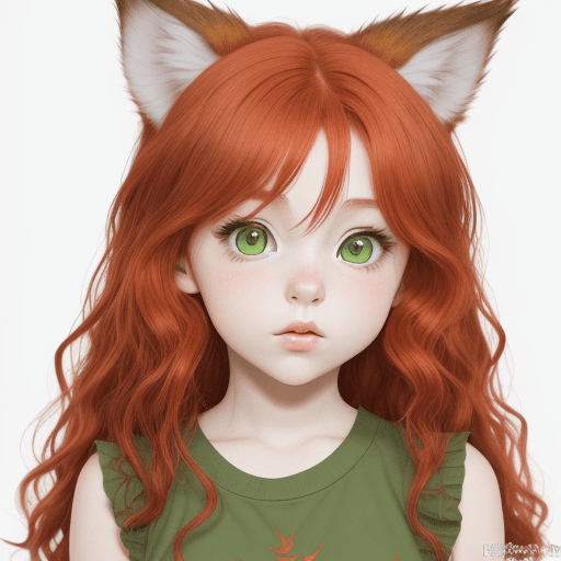 AI generated: young manga girl/wavy red hair/green eyes/small wolf ears/small nose/full lips