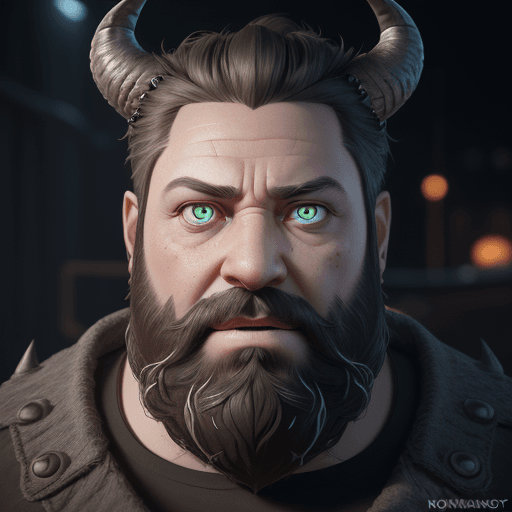 AI generated: a close up of a man with horns and a beard, a character portrait by senior character artist, polycou...