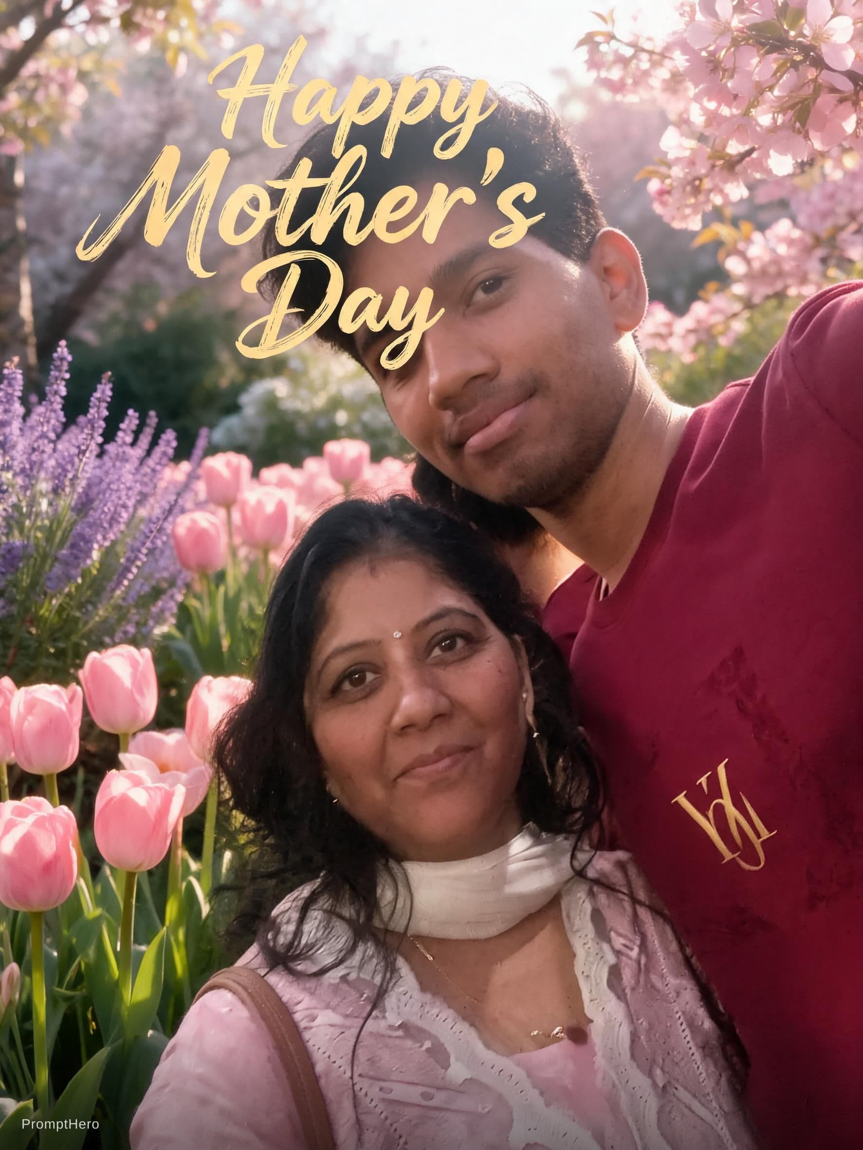 AI generated: [Mother's Day] wishes poster, featuring [a smiling mother and daughter in a blooming flower garden],...