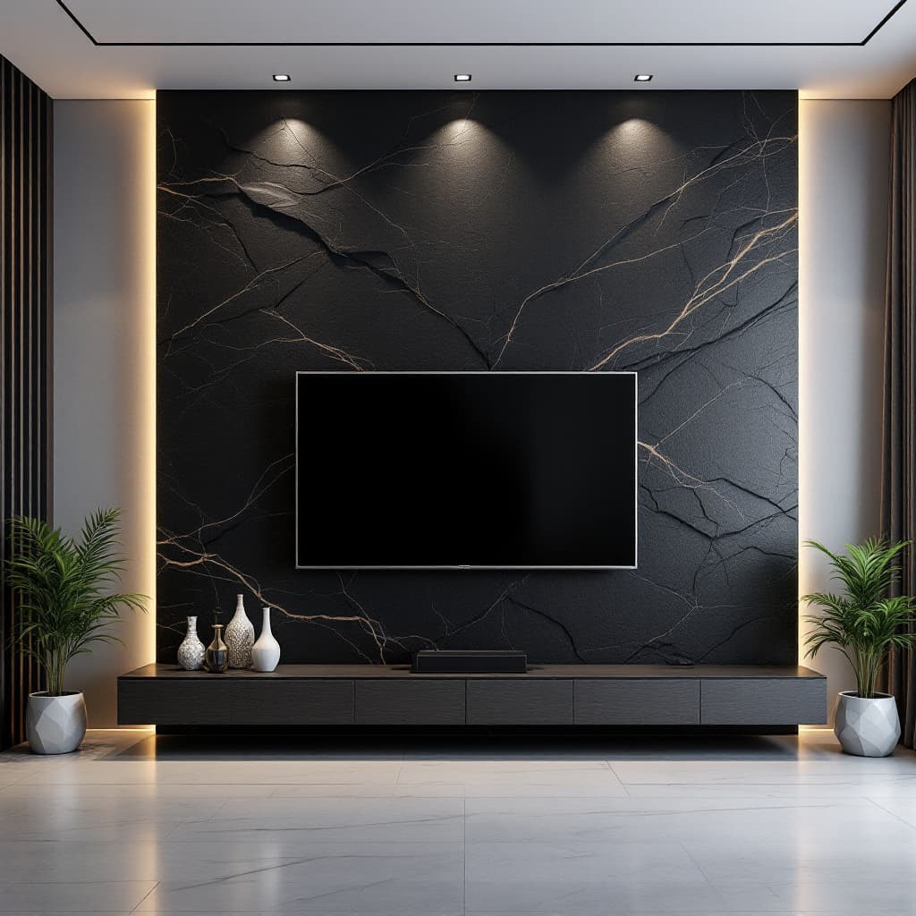 AI generated: modern Tv room  back of that design by 3d black slab stone 