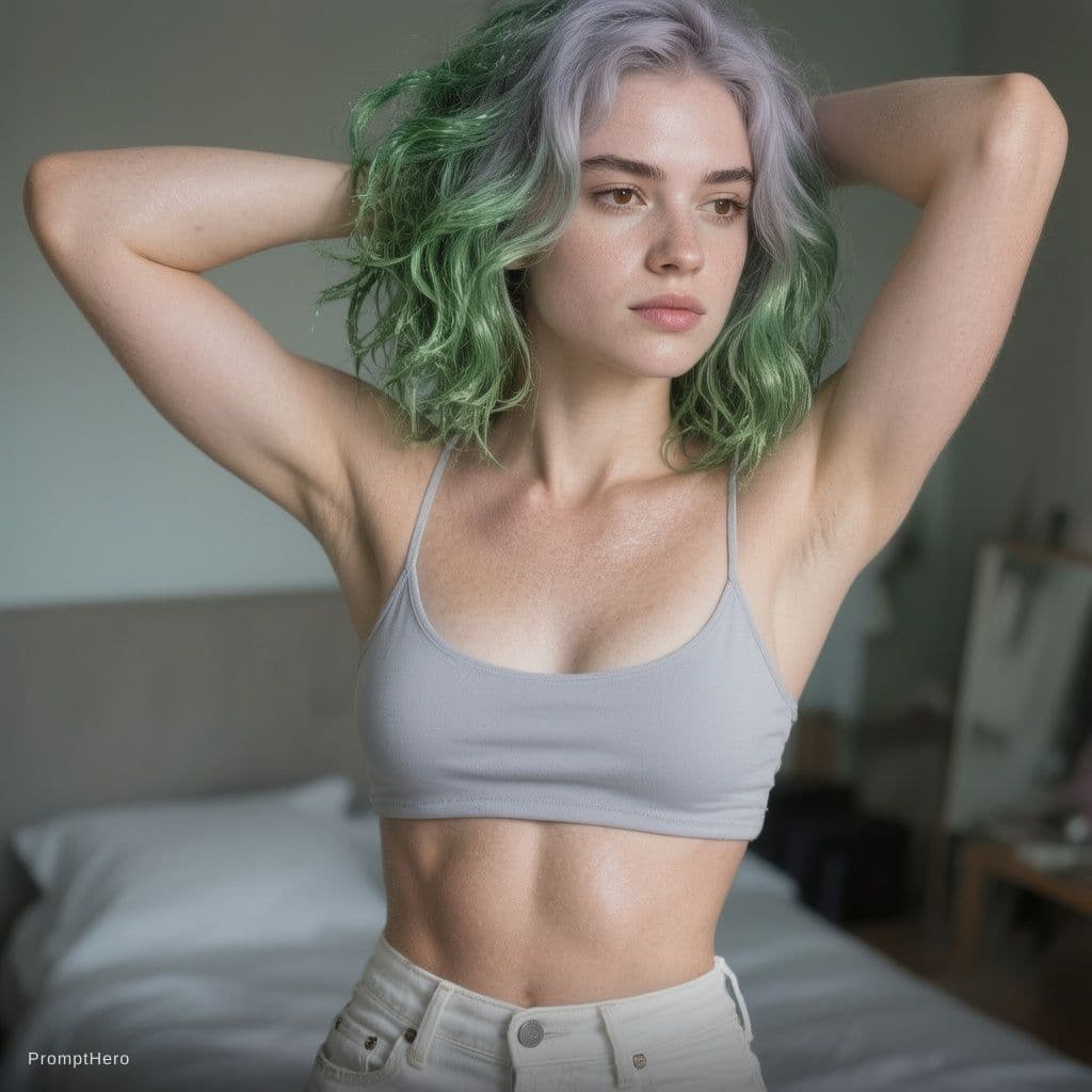 AI generated: half body fashion photography, of a 20 year old French female. Her body is Firm, tight triceps with ...
