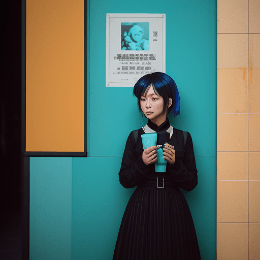 AI generated: a 50 year woman standing in front of a wall at a cafe, in the style of mamiya 7 ii, neo-pop sensibil...