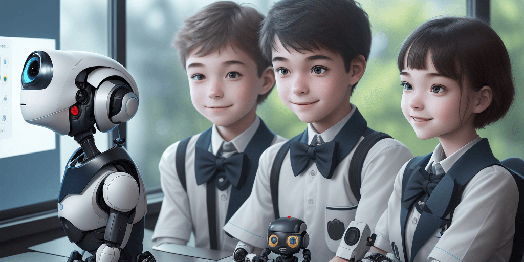 AI generated: two human boy and girl students, detail face, smile, wearing school uniforms, learning with a small ...