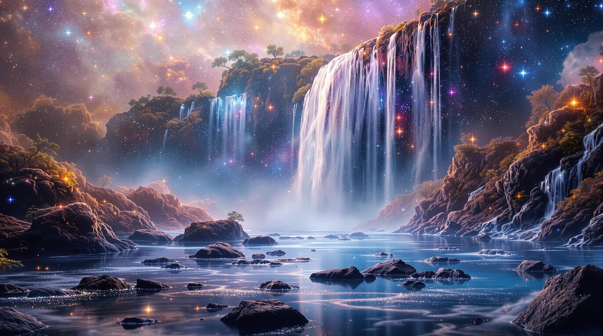AI generated:   a waterfall landscape   in a close up view, made with nebulas the gaz,stars and dust ressemble fal...