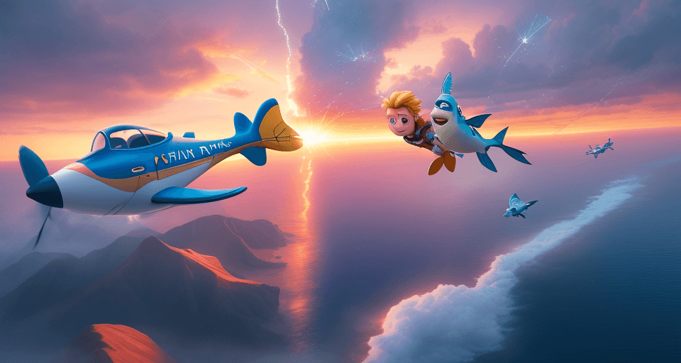 AI generated: "Fly with me, Spark the flying fish," Finn declared, Into the skies, the duo soared and shared. Thro...